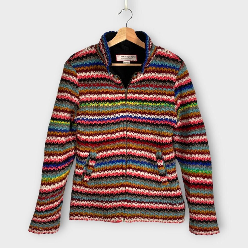 Wool Sweater Jacket MEDIUM Nepal Hand Knit Artisan Full Zip Fleece Lined